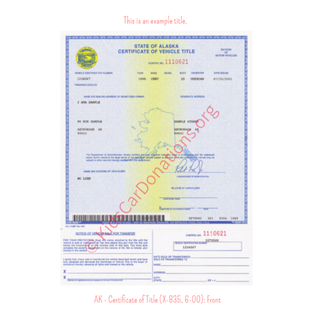 Alaska Certificate of Title (X-835, 6-00): Front | Kids Car Donations